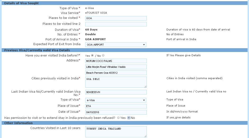 Детали о запрашиваемой визе. Образец заполнения анкеты на электронную визу в Индию
